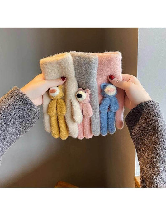 Gloving - Women's Cute Bear Accent Knit Winter Gloves
