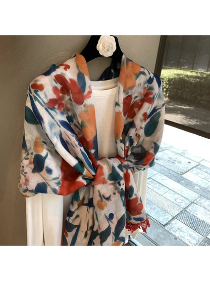 Scarvii - Floral Print Tassel Shawl Scarf