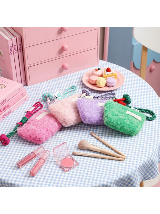 Cosbai fluffy mini pouch with wrist cord in soft fabric on white background