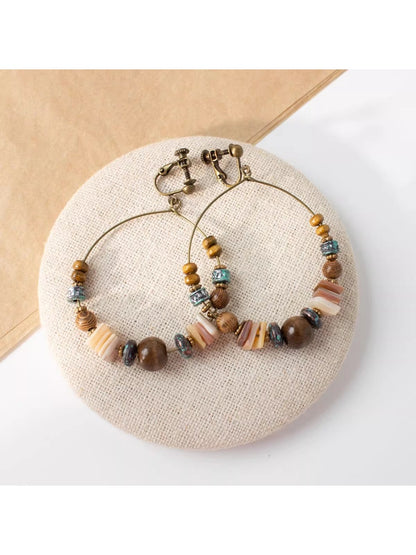 Earwish - Boho Vintage Beaded Hoop Earrings - Brown & Chic