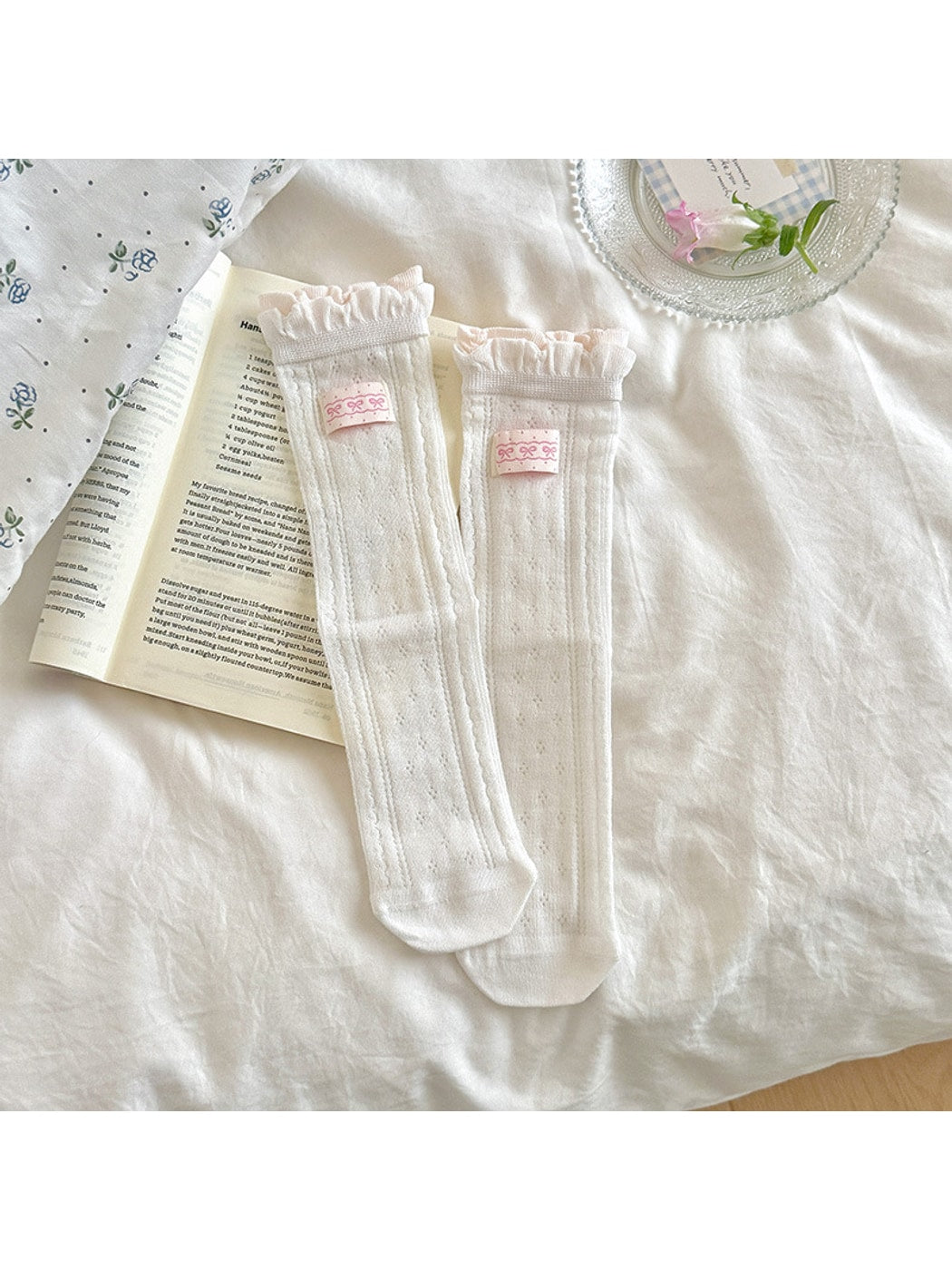 Rufia - Ruffle Cuff Bow Accent Patterned Crew Socks