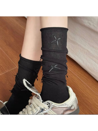 Rufia - Decorative Bow Trim Slouchy Mid Calf Socks