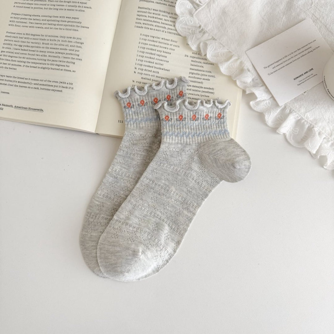 Rufia Sweet Frill Cuff Crew Socks in pastel color with frill detail on cuff