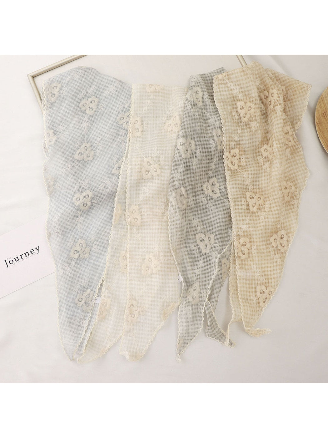 Scarvii - Grid Floral Lace Trim Triangle Bandana