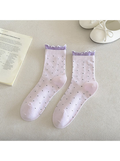 Rufia - Polka Dot Contrast Cuff Casual Crew Socks