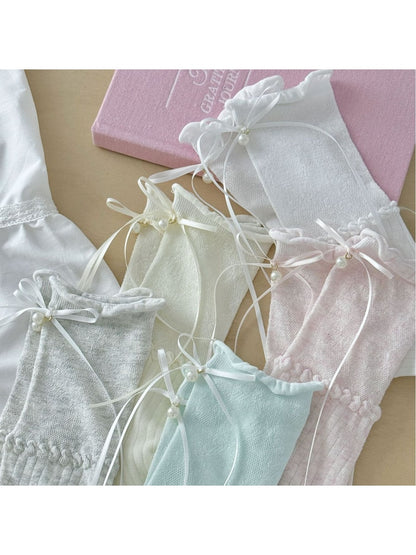 Rufia - Ribbon Bow Detail Rolled Cuffs Crew Socks