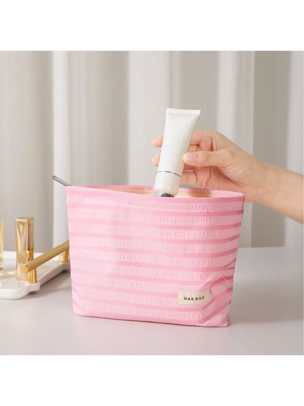 Cosbai - Striped Zipper Makeup Organizer Bag