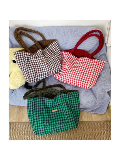 Cosbai – Plush Tote Bag with Checkered Lining