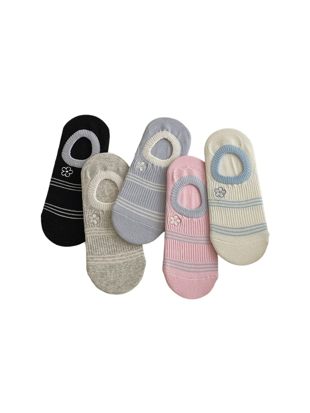 Rufia - Striped Flower Embroidery Low Ankle Socks
