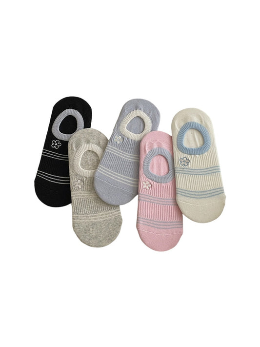 Rufia - Striped Flower Embroidery Low Ankle Socks