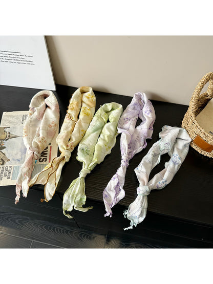 Scarvii - Blocks and Floral Print Wavy Edge Triangle Scarf