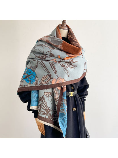 Scarvii - Contrast-Border Botanical Fringed Shawl