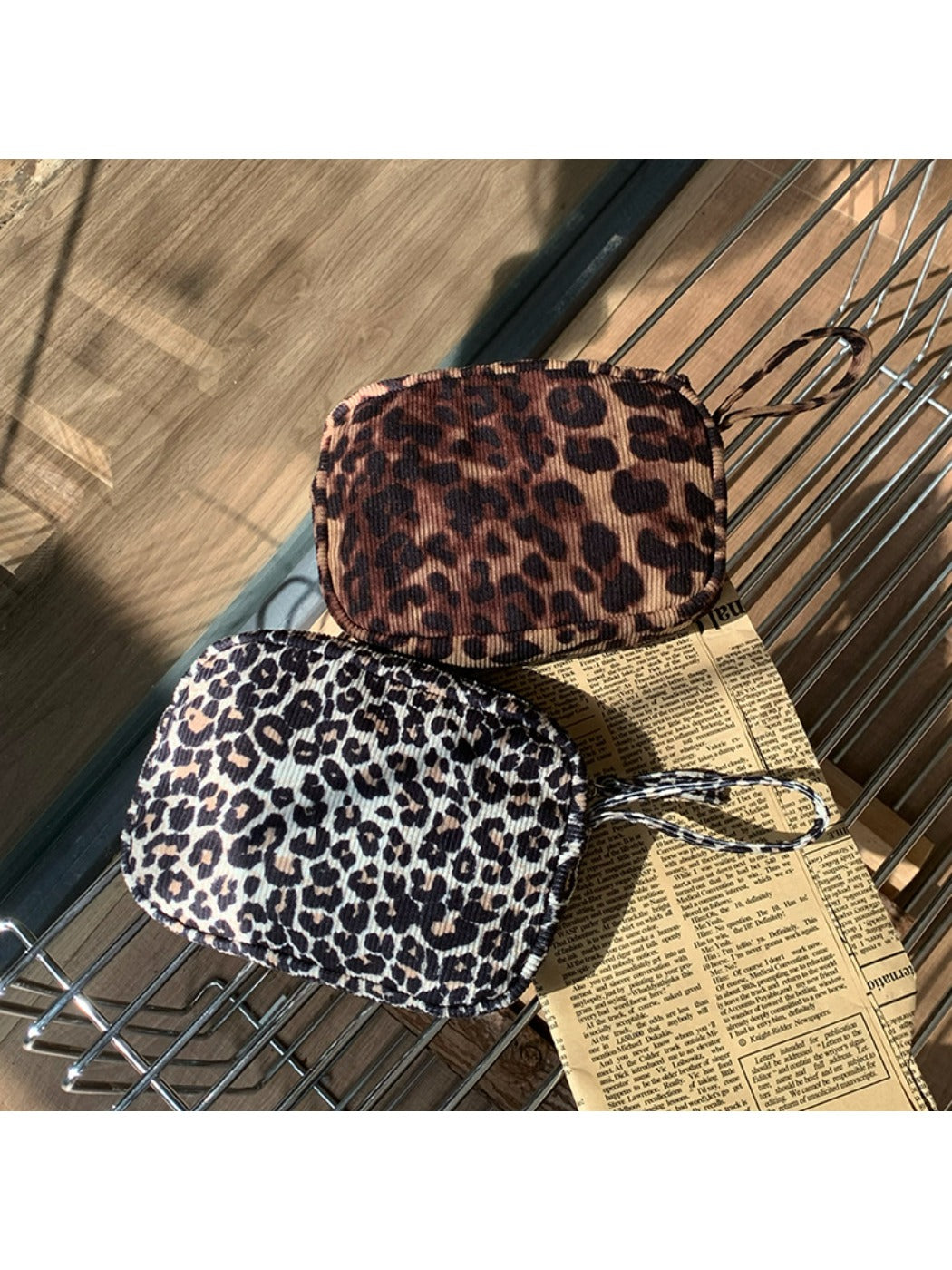 Cosbai - Corduroy Travel Makeup Pouch with Leopard Print