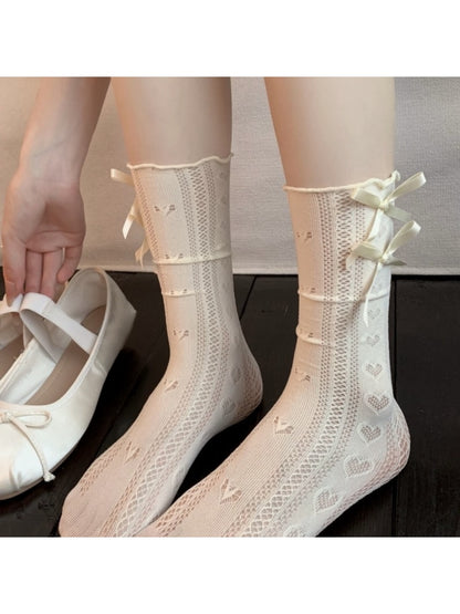 Rufia - Double Bow Openwork Heart Pattern Crew Socks