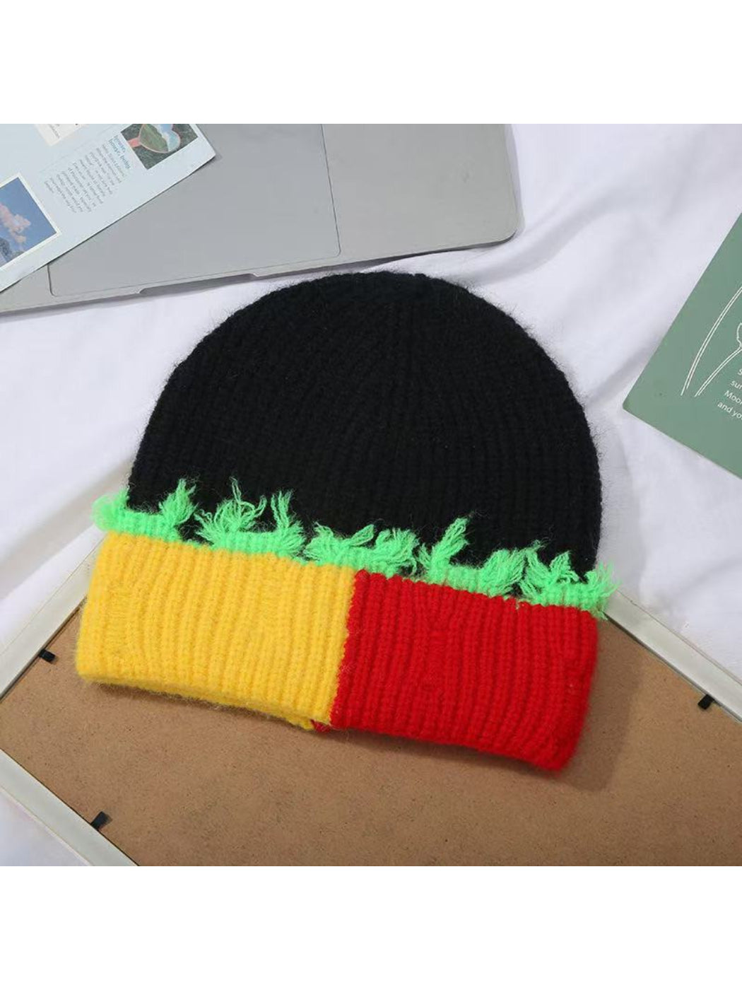 Haila - Frayed Trim Ribbed Knit Cuffed Beanie