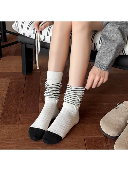 Rufia - Casual Rolled Cuff Stripes Crew Socks