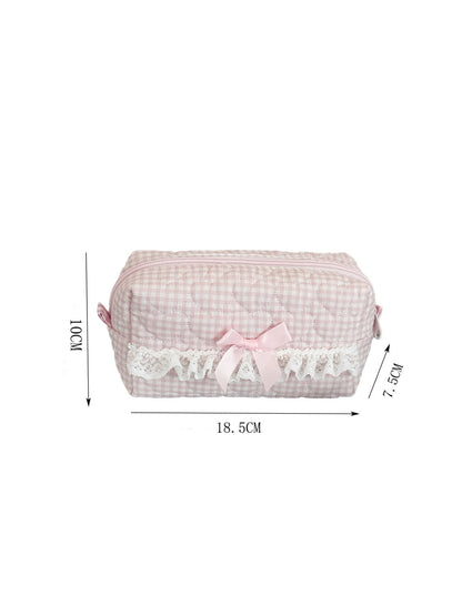 Cosbai Lace Bow Gingham Cosmetic Pouch displayed on a white background