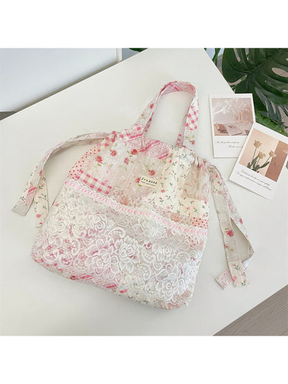 Side view of Cosbai Romantic Lace Patchwork Shoulder Tote showing shoulder strap and texture