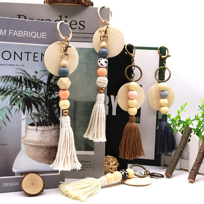Koco Round Wood Bead Tassel Keychain with tassel detail