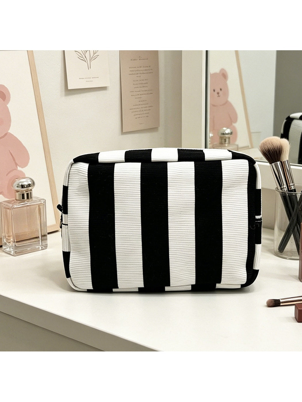Cosbai - Striped Zipper Cosmetic Organizer Bag