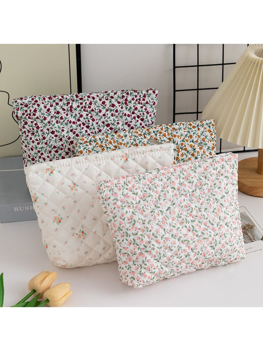 Cosbai - Rustic Style Floral Pattern Quilted Zip Pouch