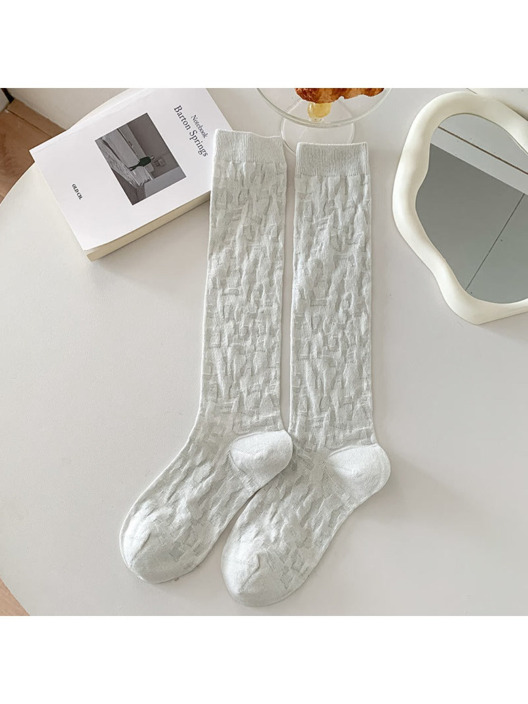 Rufia - Retro Solid Color Knee-High Socks with Embossed Print