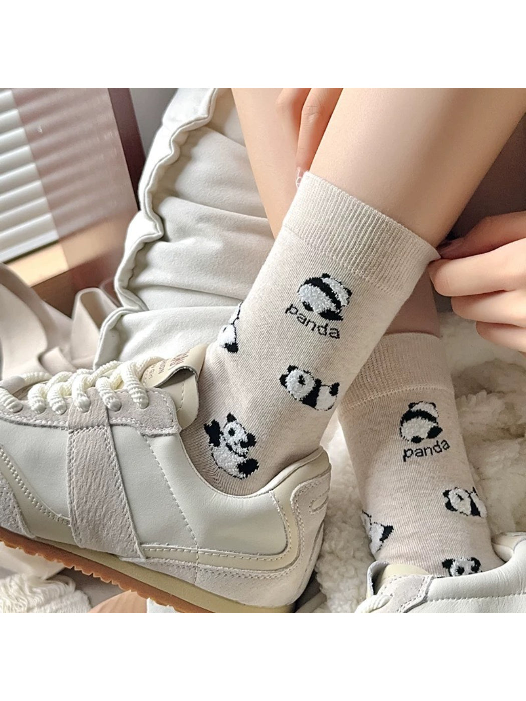 Rufia Playful Panda crew socks folded to show panda design and black heel