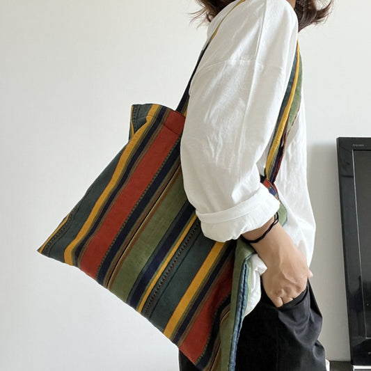 Cosbai Boho Stripe Carryall Tote Bag front view with colorful striped pattern
