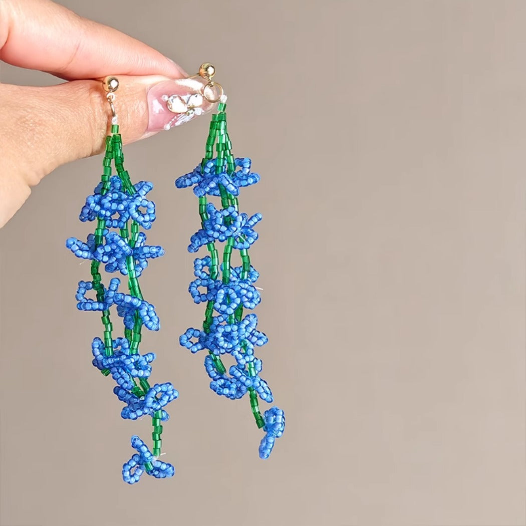 Earwish - Blue Beaded Iris Floral Earrings - Graceful & Flowing