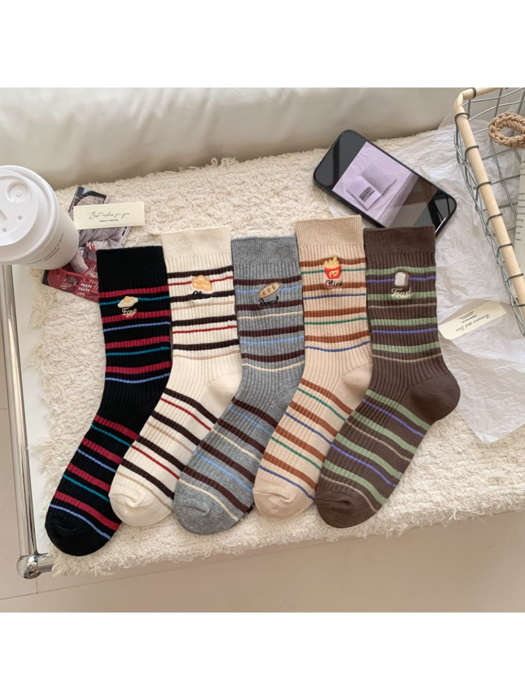 Rufia - Fun Embroidered Stripe Mid-Calf Winter Socks