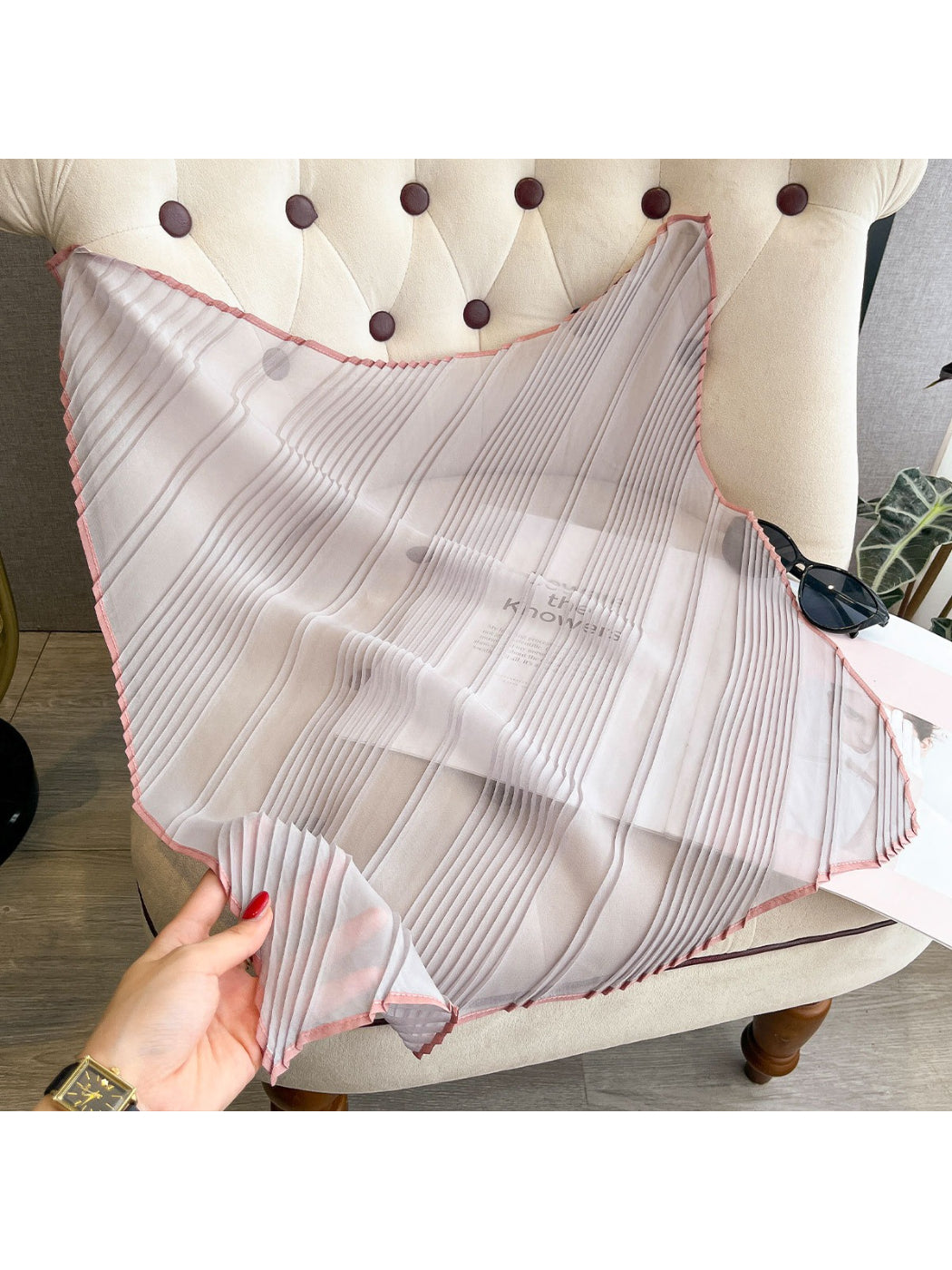 Scarvii - Sheer Pleated Border Trim Scarf