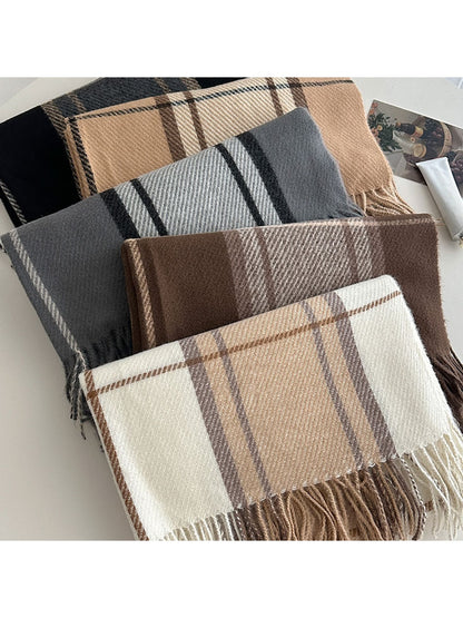 Scarvii - Soft-Tone Plaid Fringed Winter Scarf