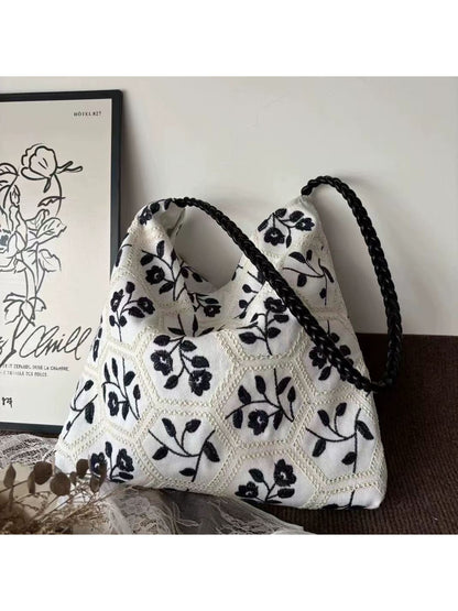 Cosbai - Floral Embroidered Honeycomb Pattern Tote Bag