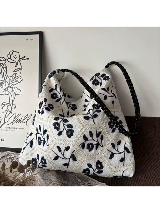 Cosbai - Floral Embroidered Honeycomb Pattern Tote Bag
