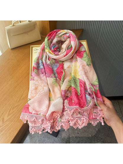 Scarvii - Pink Floral Lace Summer Wrap Scarf