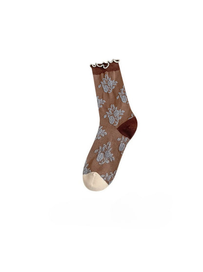 Rufia - Vintage Floral Jacquard Lettuce-Edge Socks
