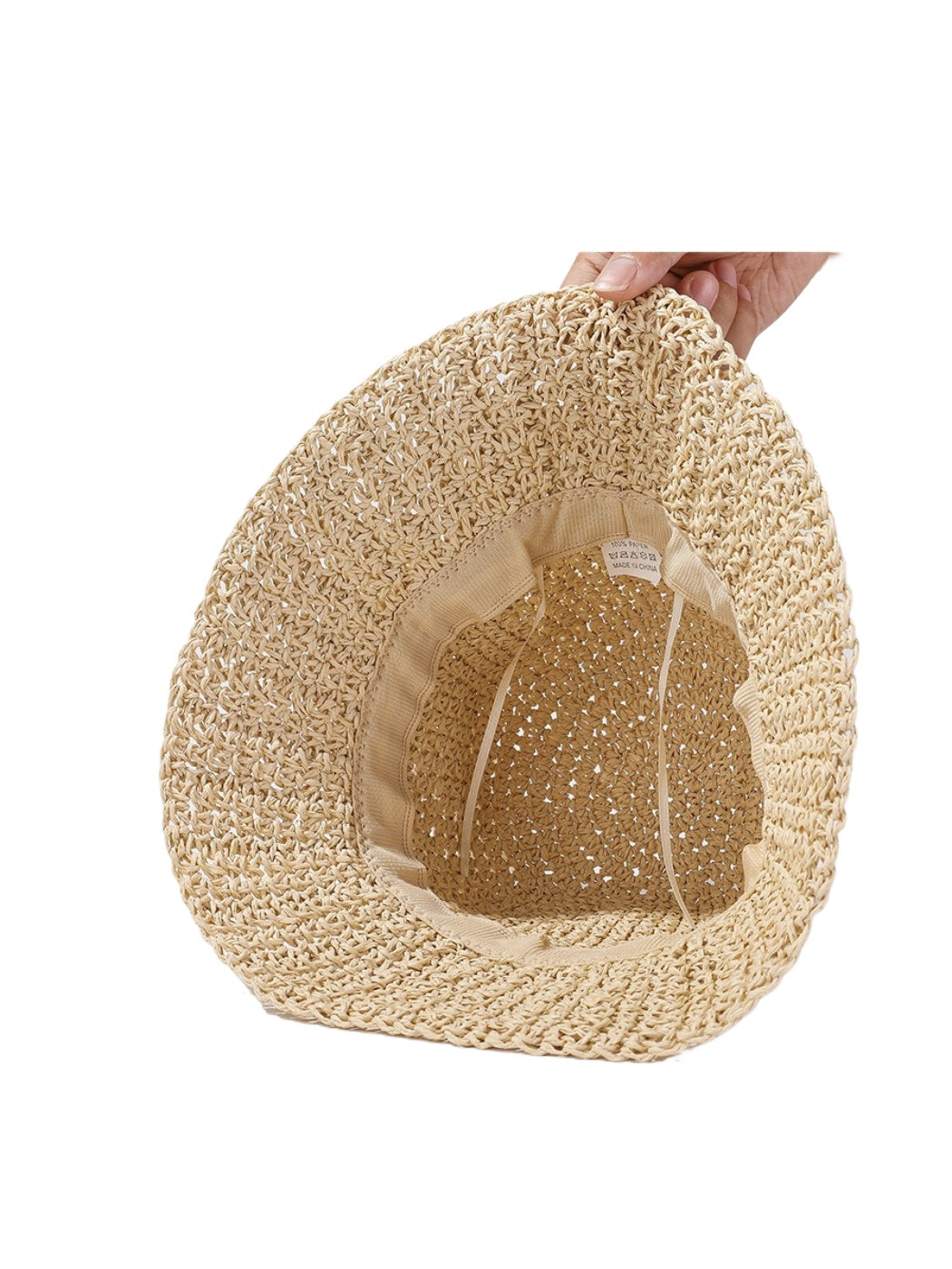 Haila straw sun hat displayed on mannequin with lace bow accent
