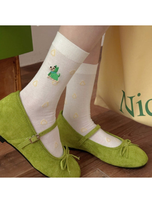 Pair of Rufia Raindrop Dog Everyday Socks in white with blue raindrop and dog pattern