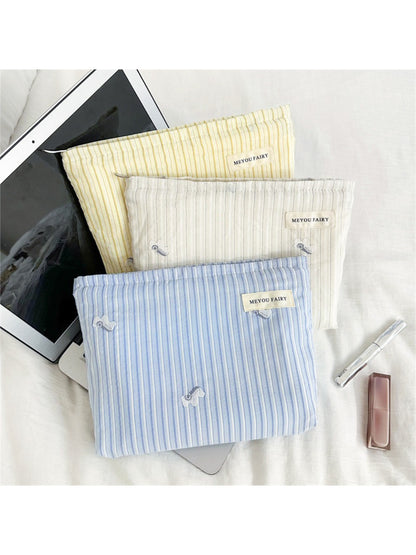 Cosbai Soft Stripe Makeup Pouch in beige and white stripes, front view