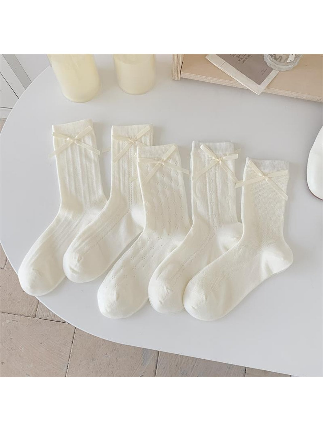Rufia - White Bow Accent Openwork Crew Socks
