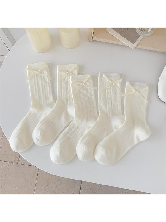 Rufia - White Bow Accent Openwork Crew Socks