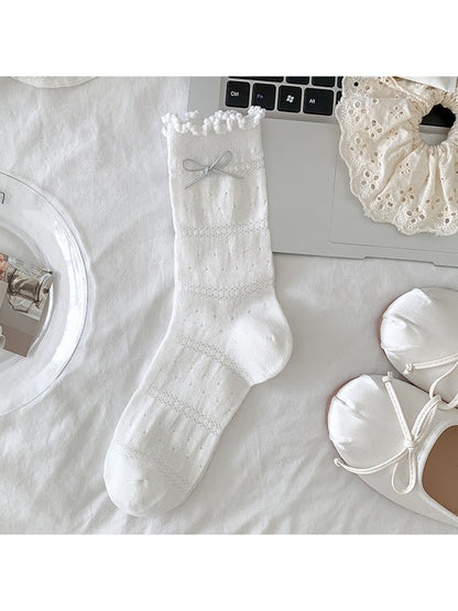 Rufia - Ruffle Cuffs Bow Detail Solid Color Crew Socks