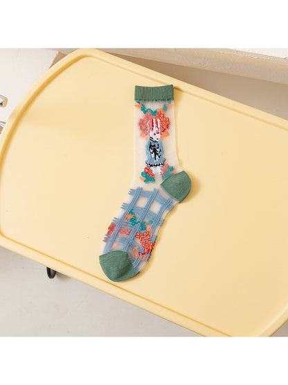Rufia - Cartoon Pattern Sheer Crew Socks