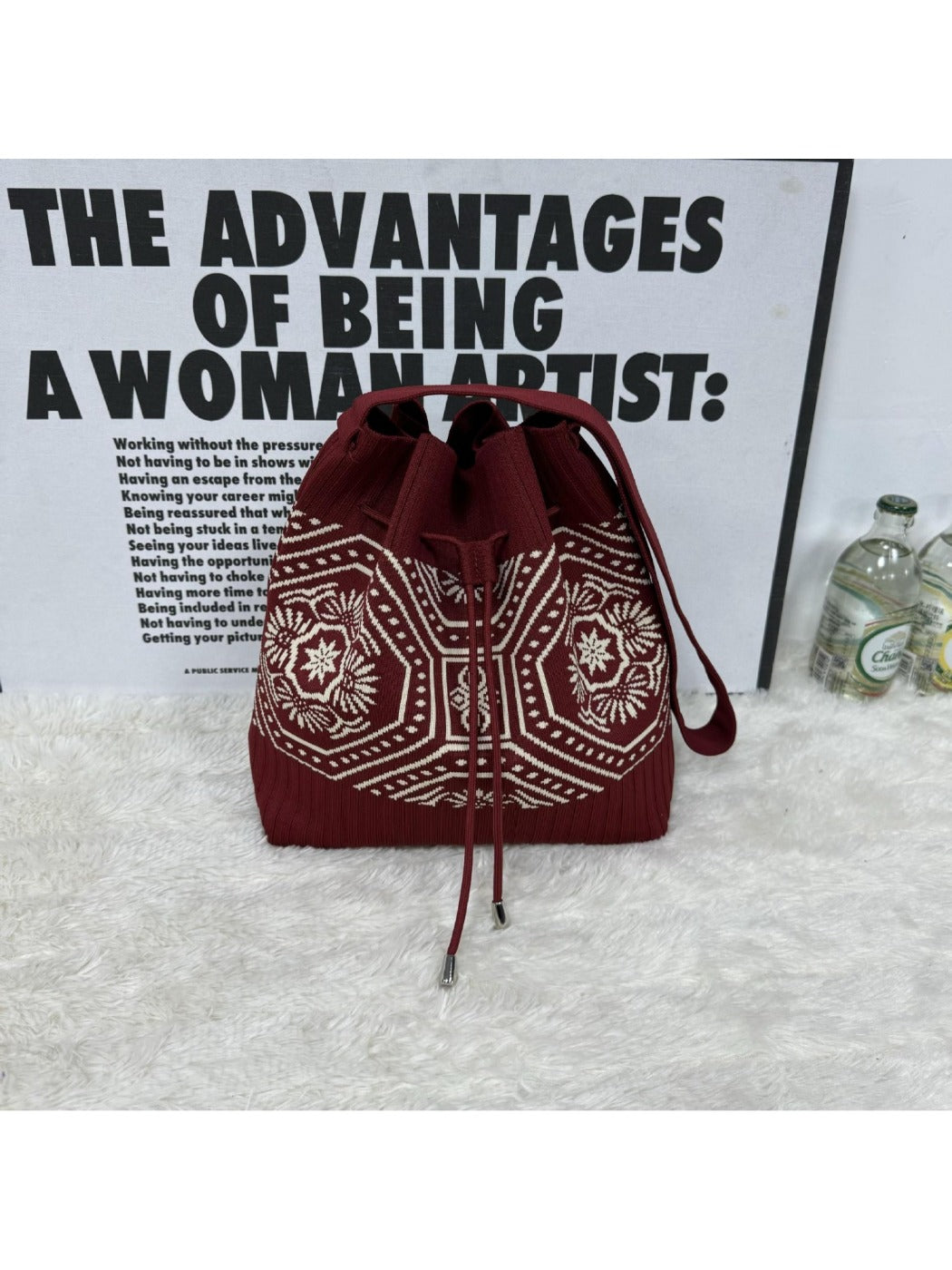 Cosbai - Knitted Shoulder Bag with Retro Style Featuring Drawstrings