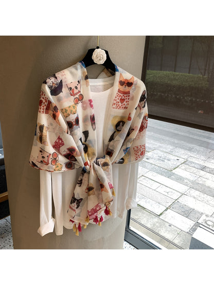 Scarvii - Playful Cat Print Tassel Shawl