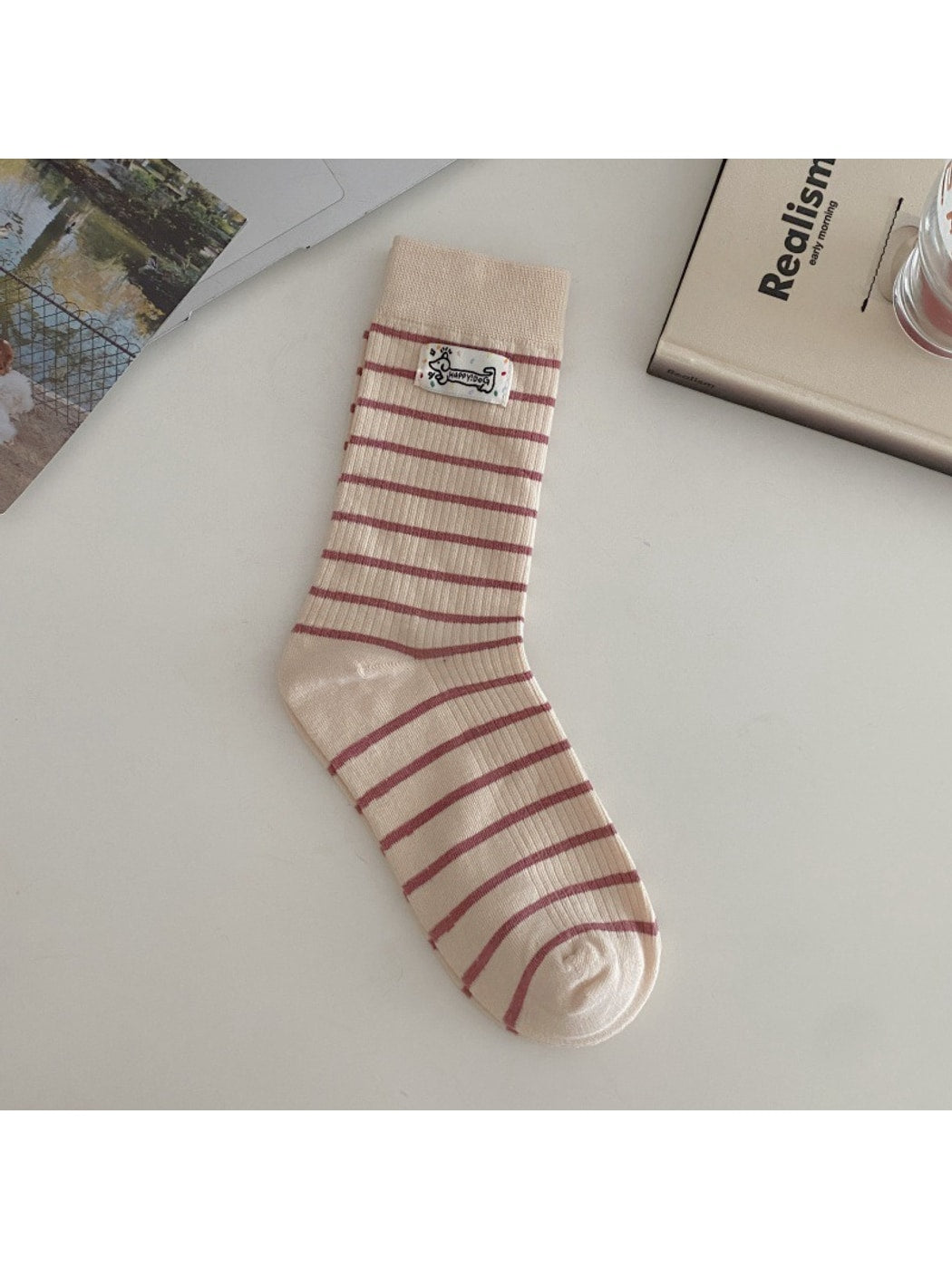 Rufia - Striped Cartoon Puppy Label Casual Crew Socks