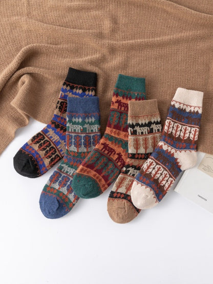 Rufia - Vintage Animal Print Mid-Calf Winter Socks - 5 Pairs/Pack