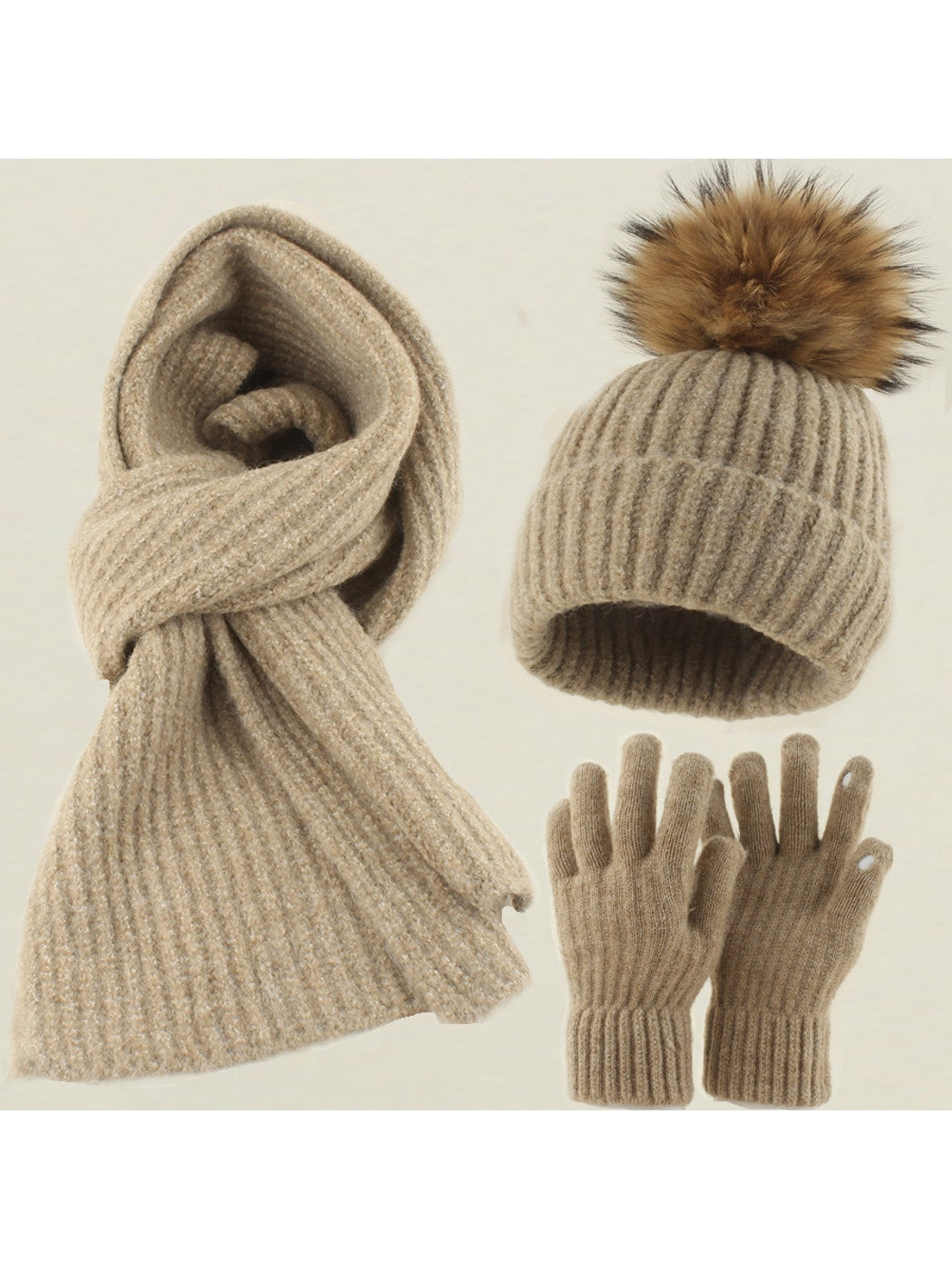 Haila - Round Crown Beanie, Scarf & Glove Set