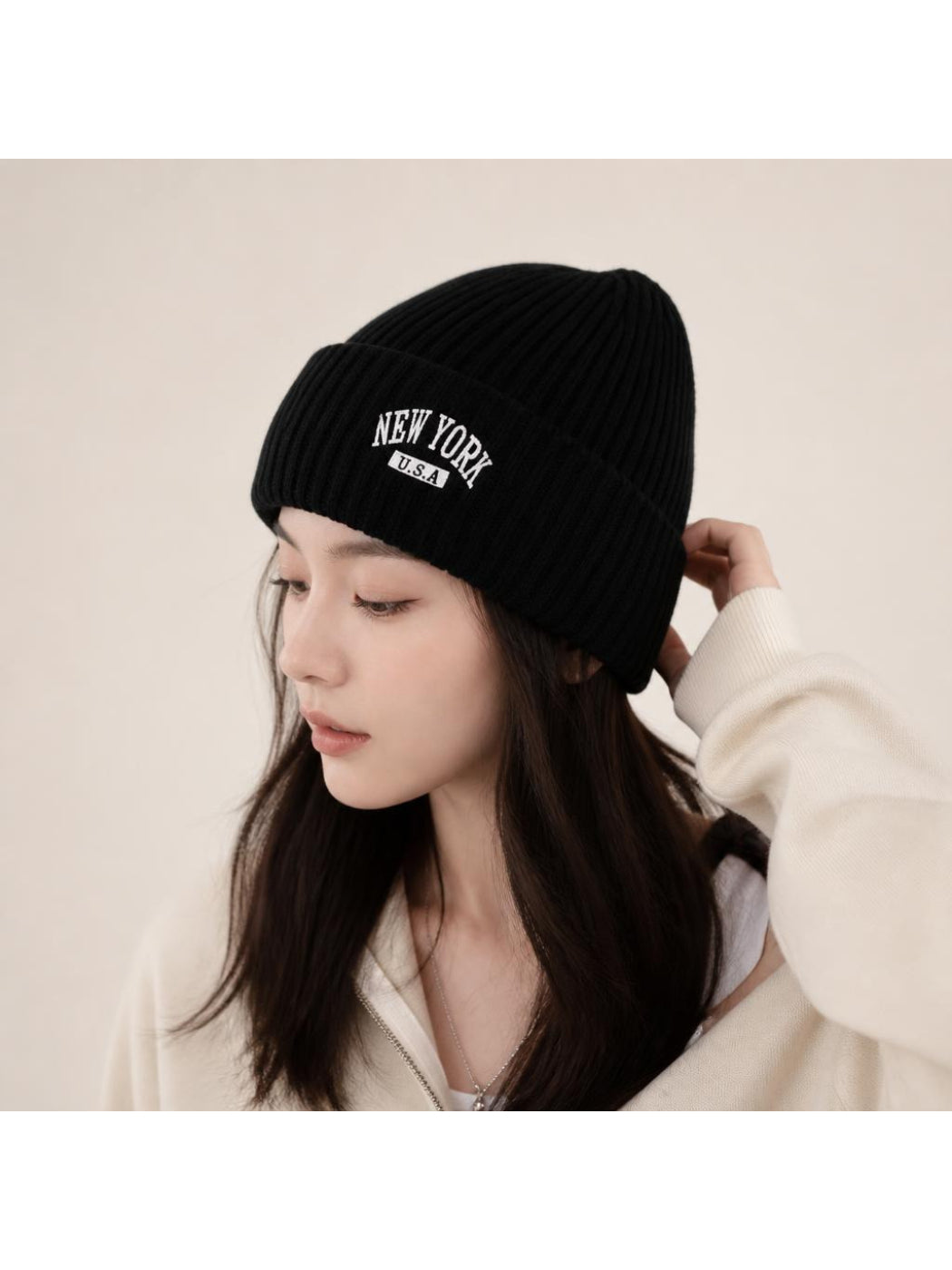 Haila New York Embroidered Ribbed Beanie