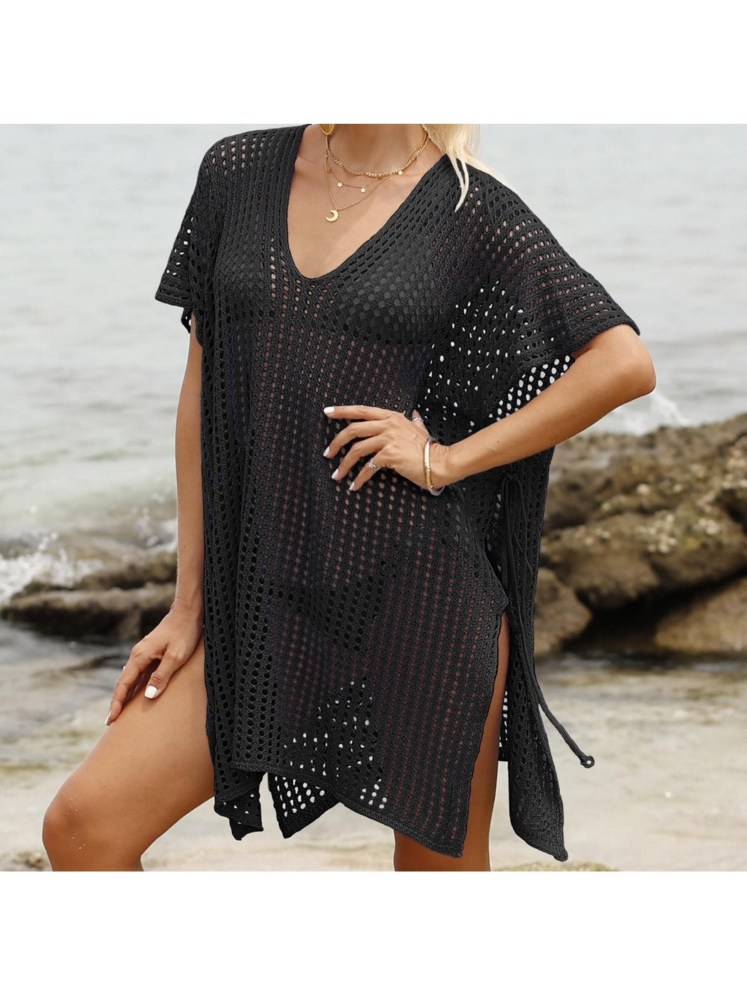 Crosa - Hollow-Out Solid Color Loose Beach Cover Up Dress